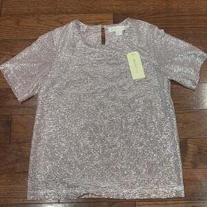 Monteau Los Angeles Silver Pink Metallic Short Sleeve Blouse Women’s‎ Small